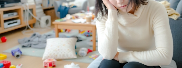 散らかった部屋で頭を抱える母親(子育ての疲れのイメージ)|豊橋のカウンセリングルーム天花